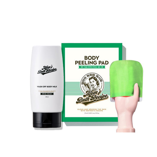 Mom’s Bath Recipe Body Peeling Pad & Wash-Off Body Milk Set مجموعة مامز باث ريسيبي للعناية بالجسم (ليفة تقشير + ميلك الجسم) روتين كوري من خطوتين لبشرة ناعمة ومشرقة