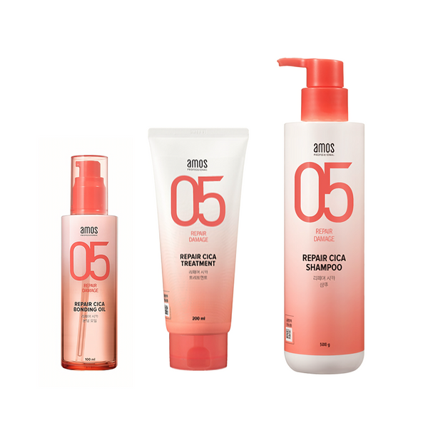 AMOS PROFESSIONAL Repair Cica Set مجموعة إصلاح الشعر بالسيكا (شامبو / تريتمنت / زيت)